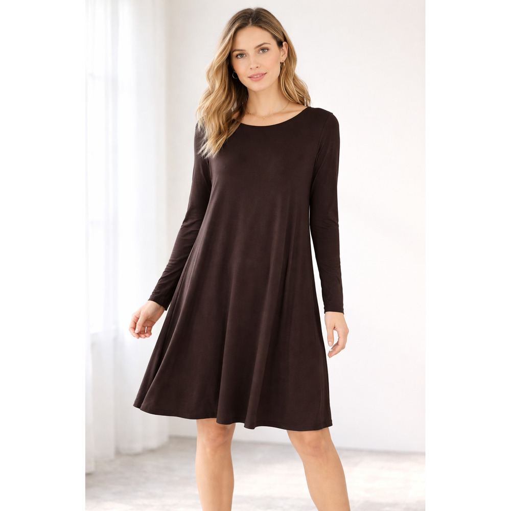 Eileen Fisher Viscose Jersey Knee Length Brown Swing Dress Size L